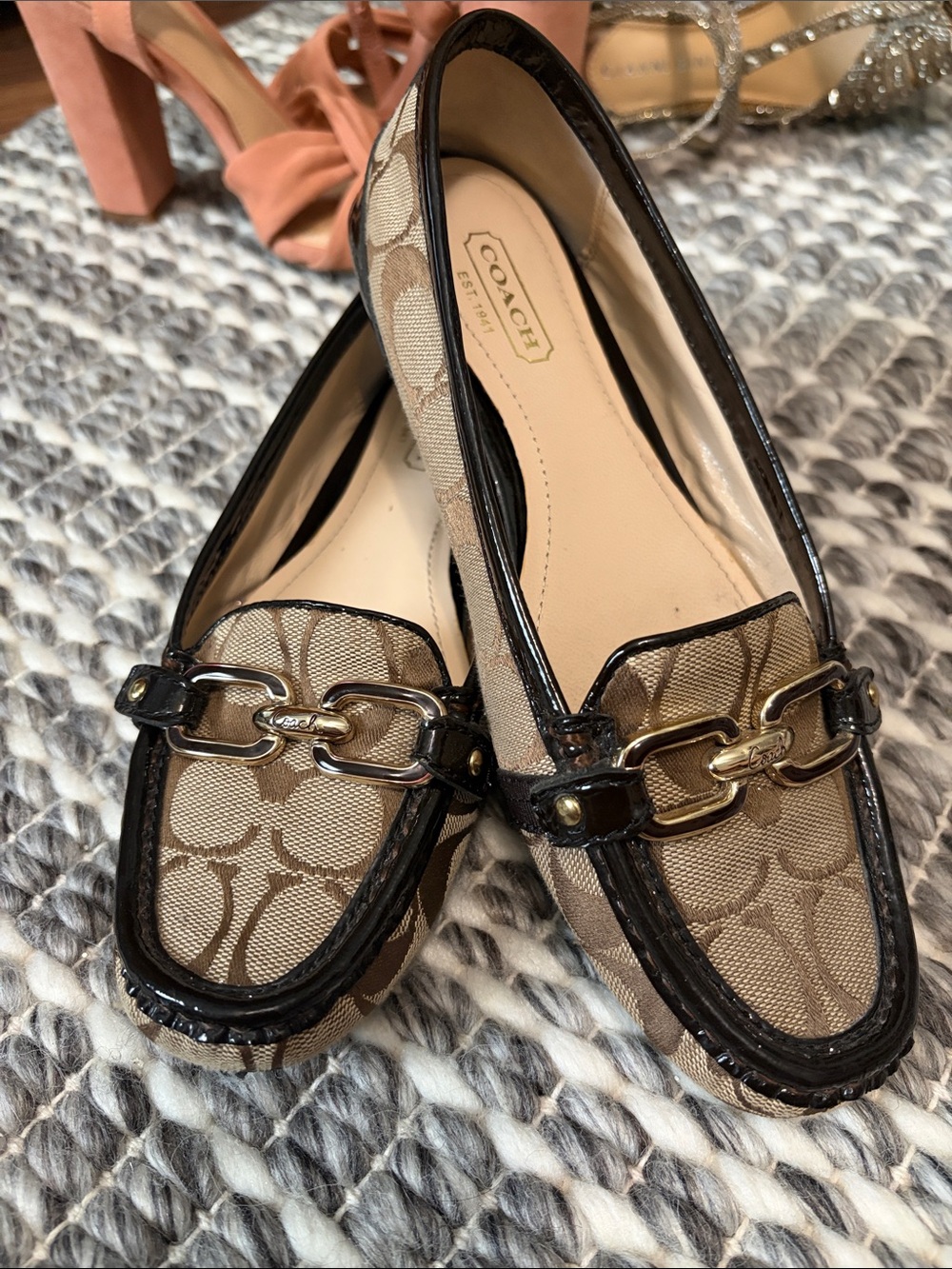 Coach Signature Canvas Loafers with Chocolate Patent Leather Trim *authentic*